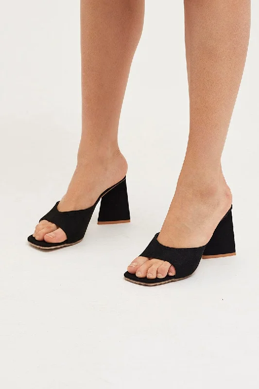 Black Suede Square Toe High Heeled Mule Sandal