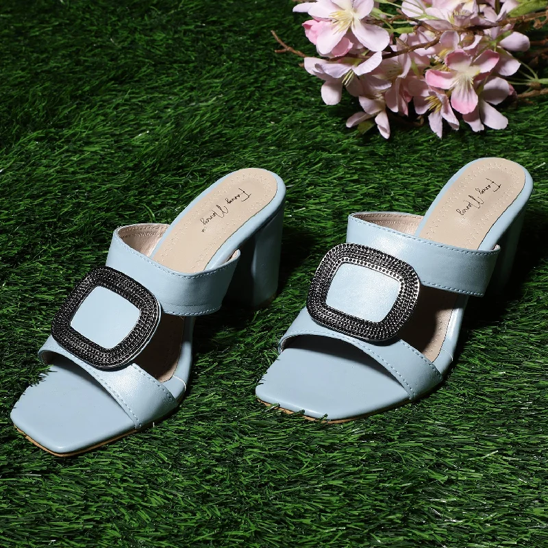 Block Heel Buckle Mules - Blue