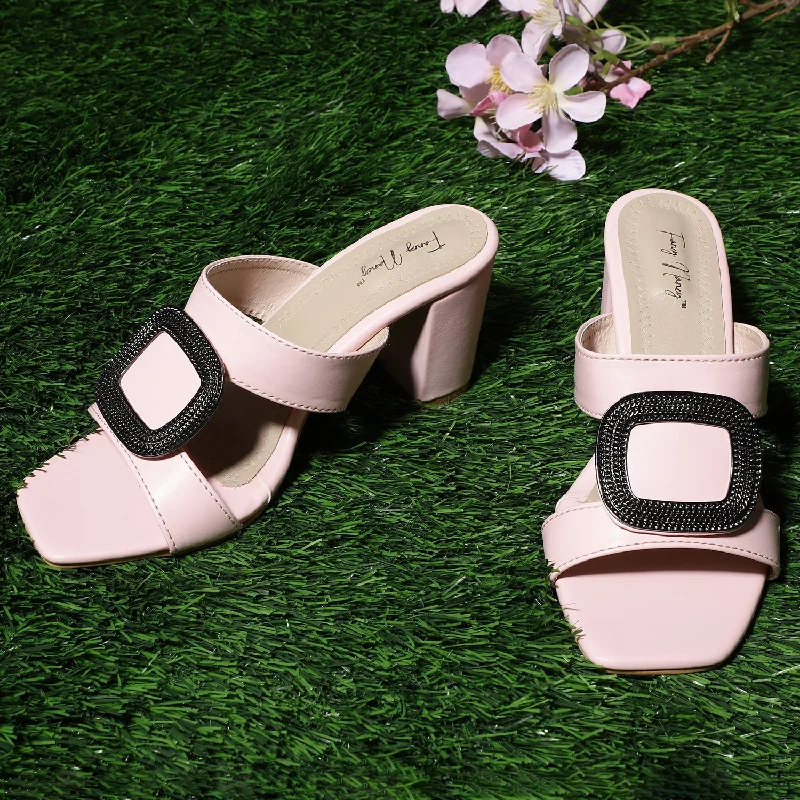 Block Heel Buckle Mules - Pink