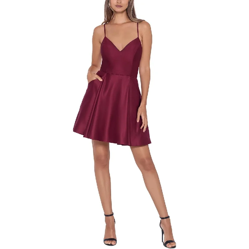 Blondie Nites Womens Juniors Satin Mini Fit & Flare Dress