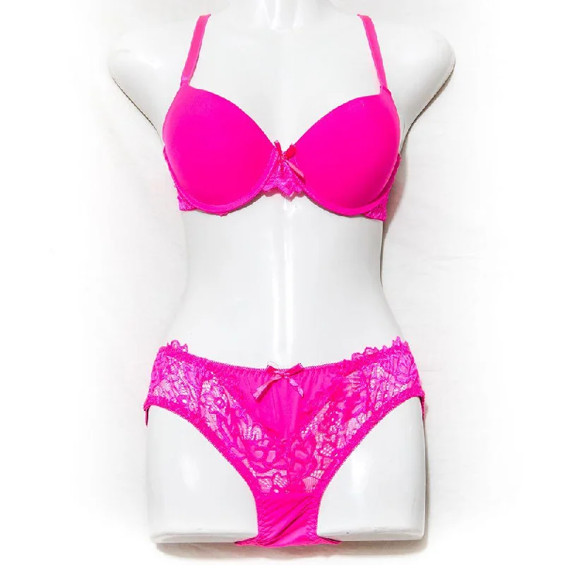 Bridal Bra Panty Set - Net Bra - Hot Pink - Pushup Single Padded Bra