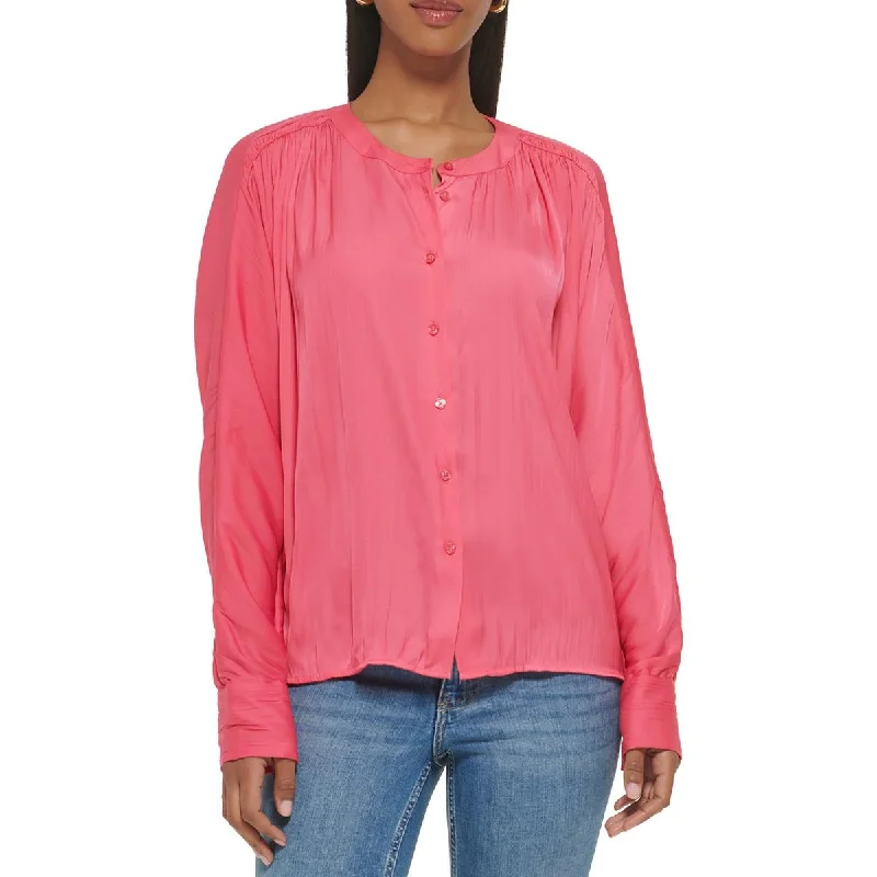 Calvin Klein Womens Pleated Banded Neck Button-Down Top