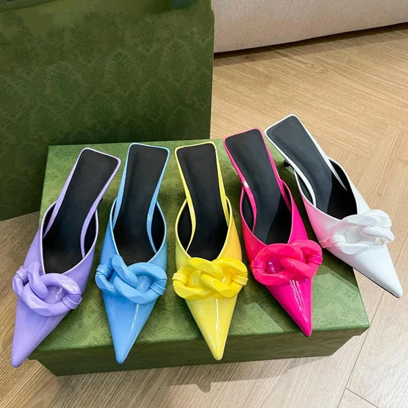 Candy Color Pointed Toe Mules Chain Low Slippers Lady Heels for Women 2023