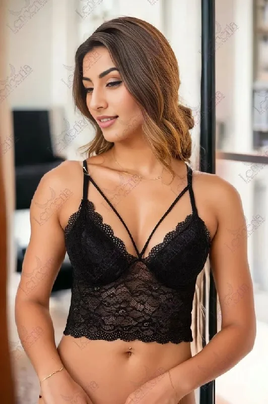 Cheriee Black floral lace lightly padded bralette set - extremely elegant (c86)