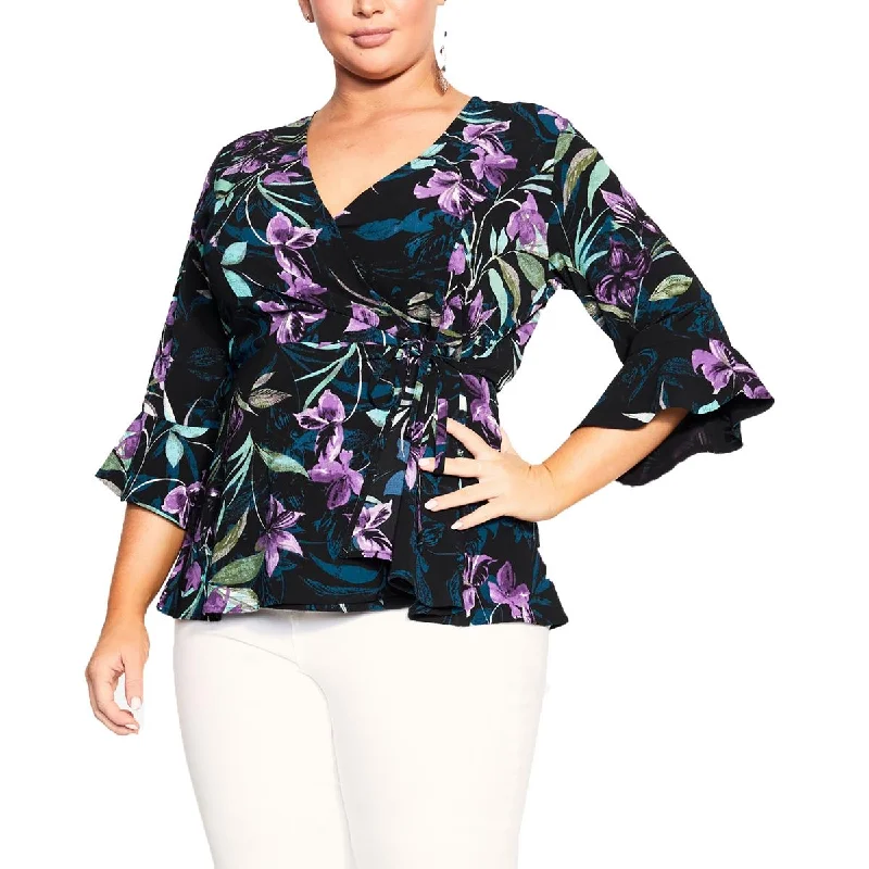 City Chic Womens Plus Floral Flutter Sleeve Wrap Top