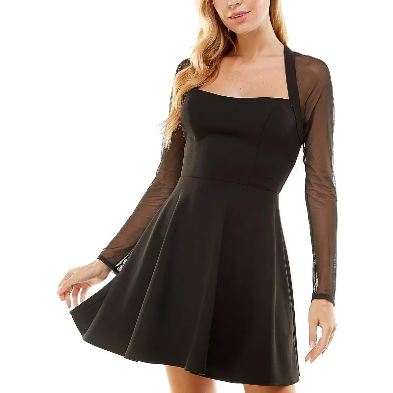 City Studios Womens Juniors Mesh Sleeves Mini Fit & Flare Dress