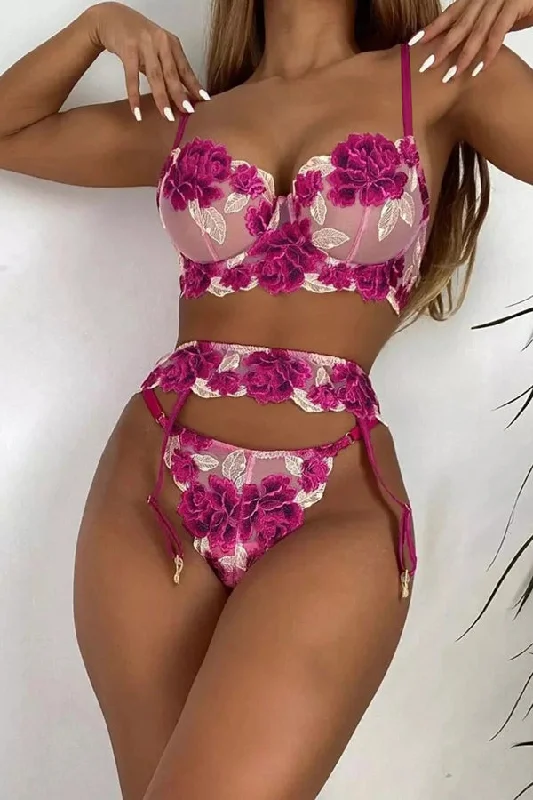 Dark Pink Floral Underwire Bra and Garter Bra Set