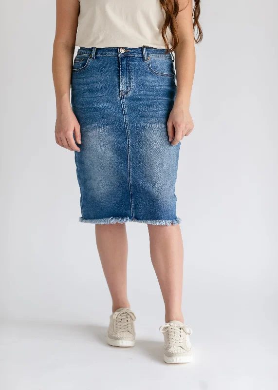 Drew Raw Hem Midi Denim Skirt