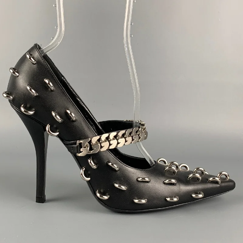 GIVENCHY Size 8 Black Silver Leather Chain Mary Jane Pumps