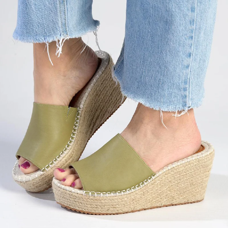 Julz Demi Leather Espadrille Mule Wedge - Olive