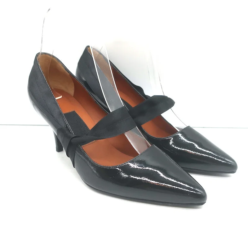 Lanvin Mary Jane Pumps Black Patent Leather Size 37.5 Pointed Toe Heels