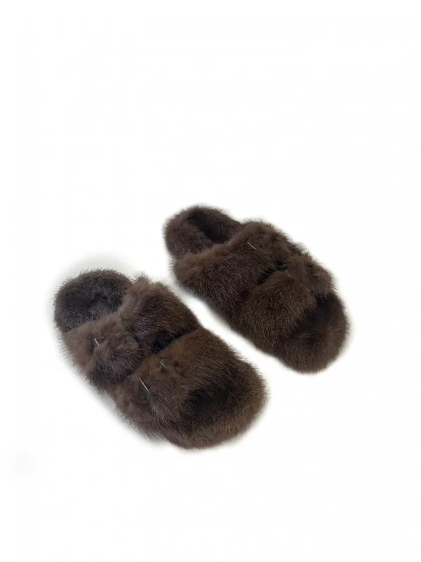 Linda Richards Women's MKS-01 Birkenstock Genuine Mink Slippers - Brown