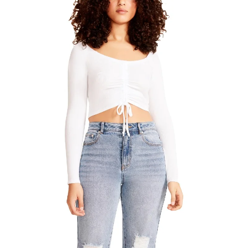 Madden Girl Women's Ruched Tie Front Long Sleeve Crop Top