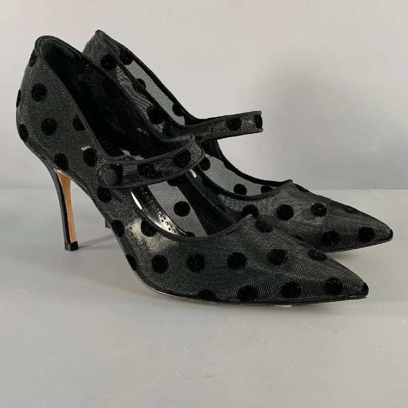 MANOLO BLAHNIK Size 7.5 Black Polka Dot Mary Jane Pumps