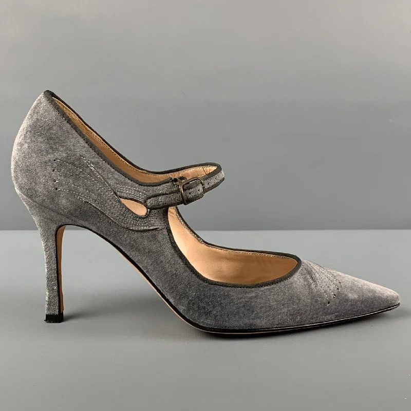 MANOLO BLAHNIK Size 7 Gray Suede Mary Jane Pumps