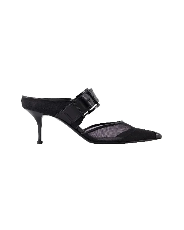 Punk Buckle Slip-On Mules - Black Leather