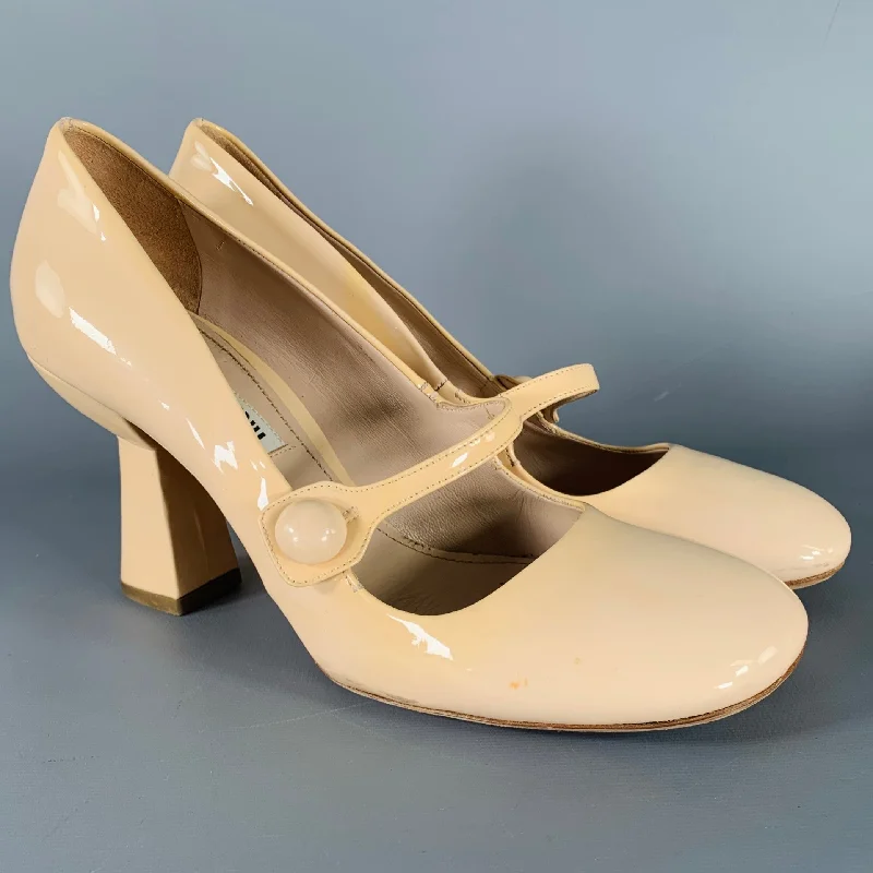 MIU MIU Size 8 Nude Patent Leather Mary Jane Pumps