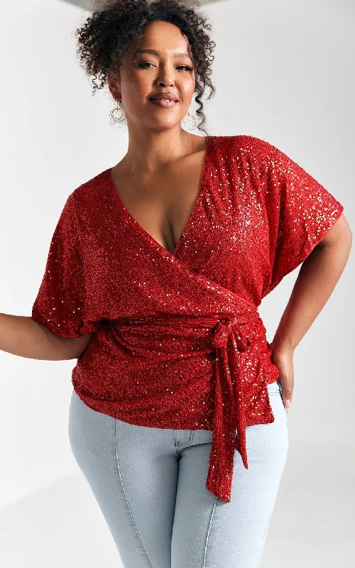 women's top high quality -Monaco Sequin Wrap Top - Red