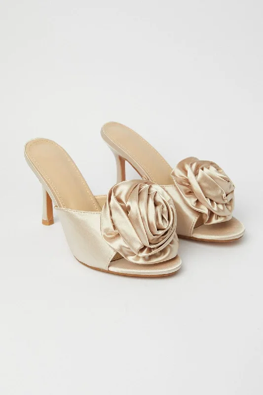 Nude Heels Rosette 3D Rose Heeled Mules