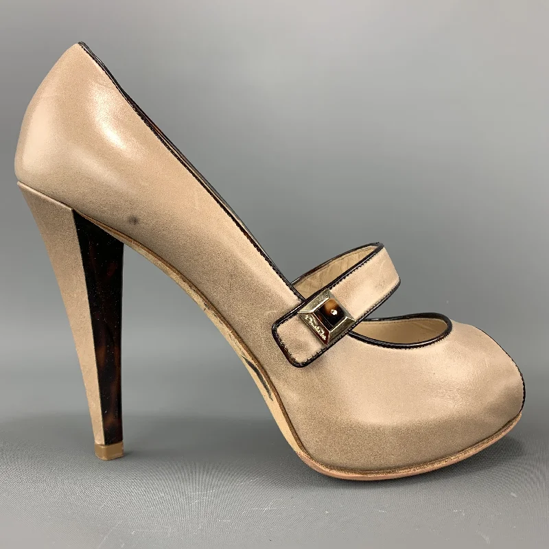 OSCAR DE LA RENTA Size 6 Taupe Leather Peep Toe Mary Jane Pumps