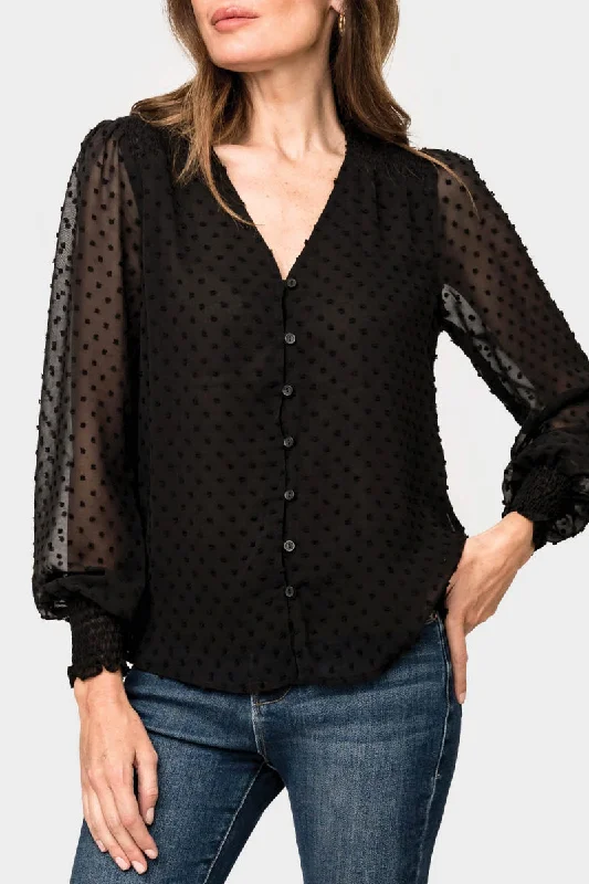 women's top chic -Pin Dot Smocked Detail V-Neck Blouse