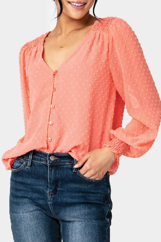 women's top fashionable -Pin Dot Smocked Detail V-Neck Blouse