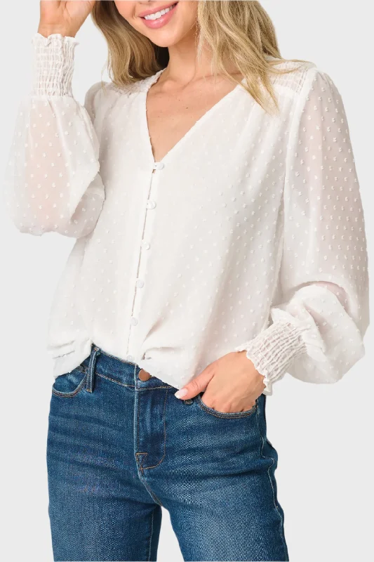 women's top cute -Pin Dot Smocked Detail V-Neck Blouse