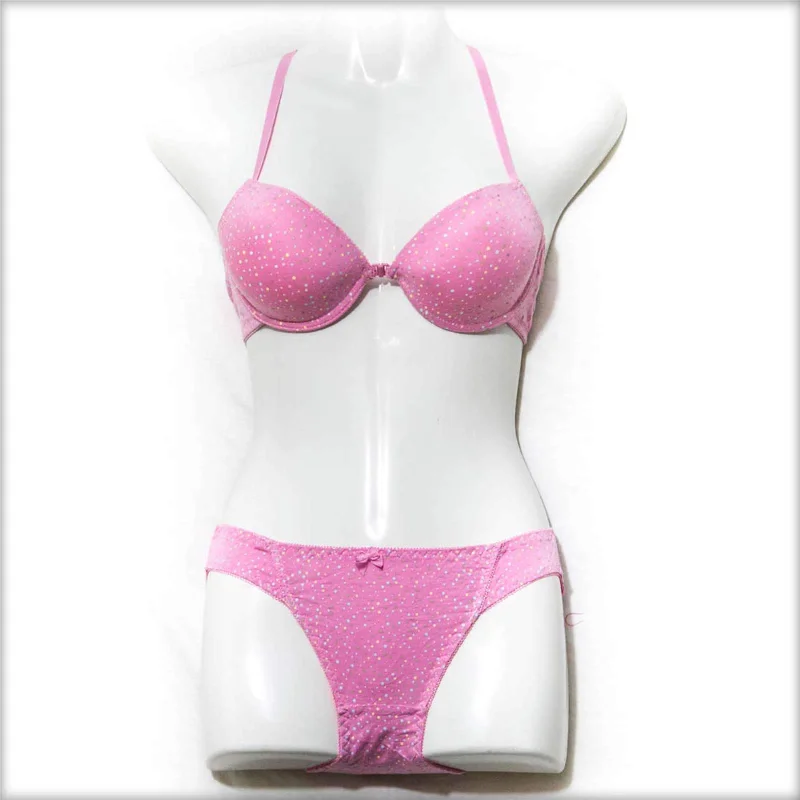 Pink Polka Dotted Cross Single Padded Bra Panty Set