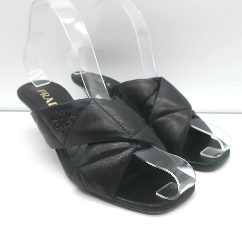 Prada Quilted Leather Mules Black Size 37 Kitten Heel Slide Sandals