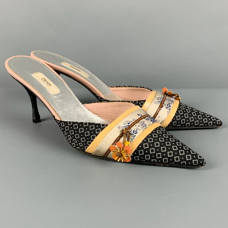 PRADA Size 7.5 Black Multi Color Kimono Floral Mules Pumps