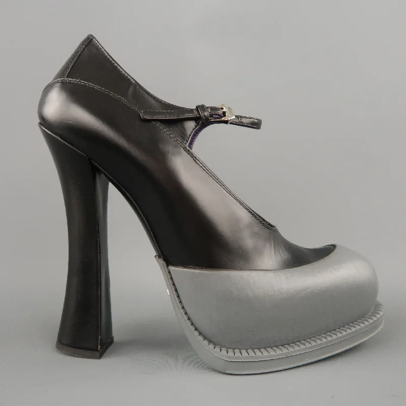 PRADA Size 8.5 Black Leather Gray Rubber Dipped Platform Mary Jane Pumps