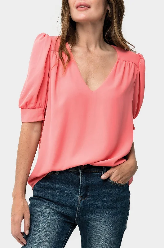 women's top classic -Puff Sleeve V-Neck Blouse