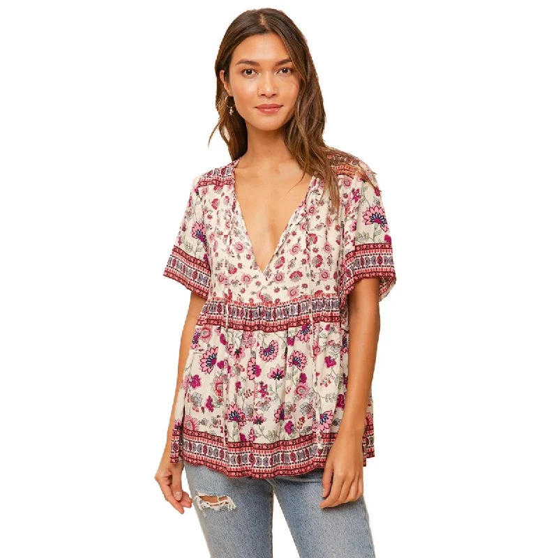 RAGA Hiroka Women's Printed Short Sleeve Tie Neck Flounce Top