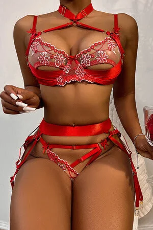 Red Peek-A-Boo Satin and Lace Bra, Thong and Garter Set