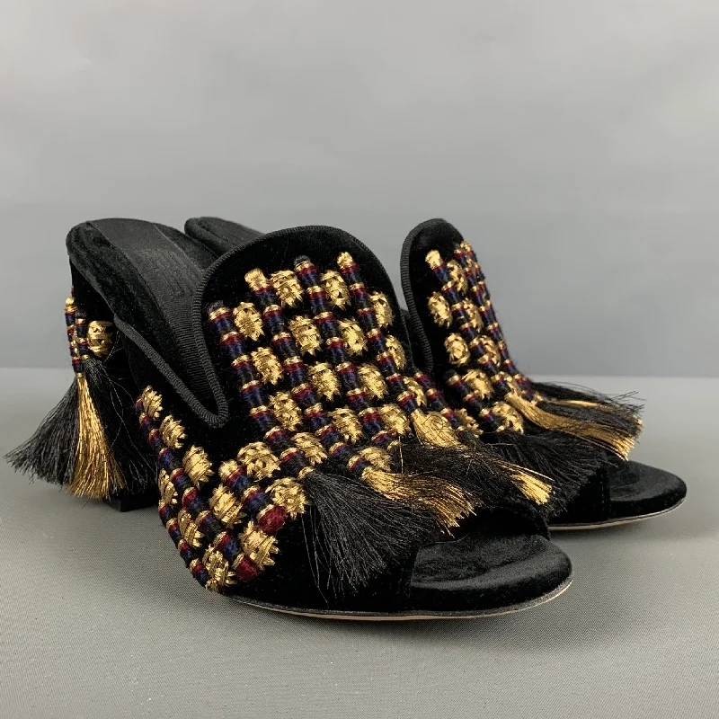 SANAYI 313 Size 9 Black Gold Velvet Embroidered Mules Pumps