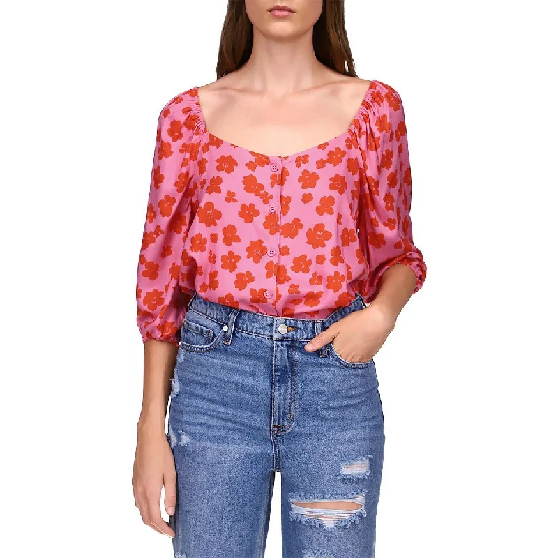 Sanctuary Womens Floral Print Peasant Top Button-Down Top