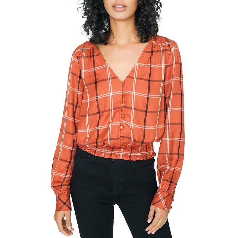 Sanctuary Womens Fool For You Check Print Button Down Peasant Top