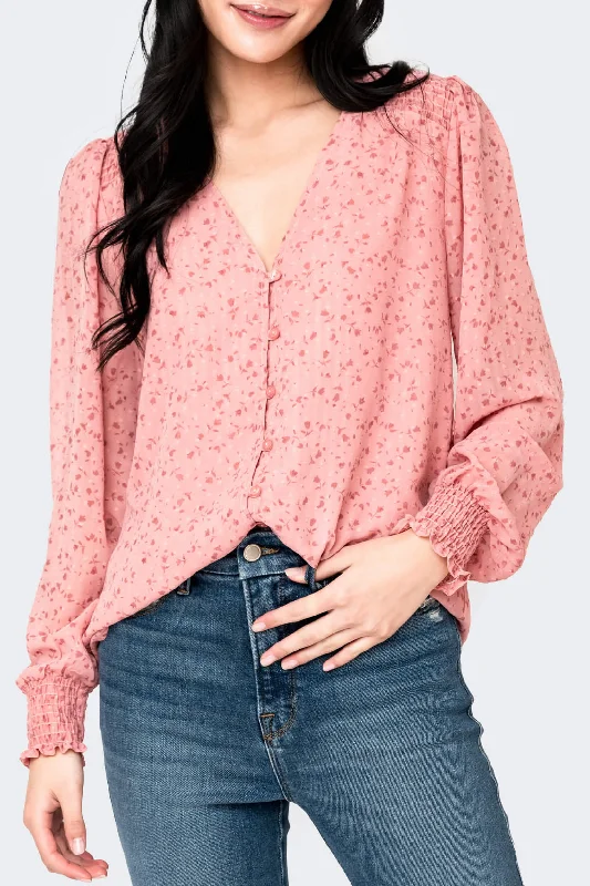 Pin Dot Smocked Detail V-Neck Blouse