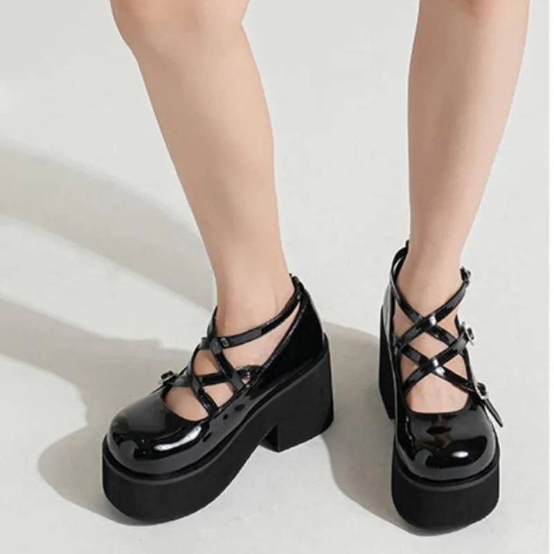 Sohiwoo Black Platform High Heels Thick Bottom Women Mary Jane Shoes Lace Up Trendy Goth Punk Ladies Pumps Stylish Vintage Lolita Shoes