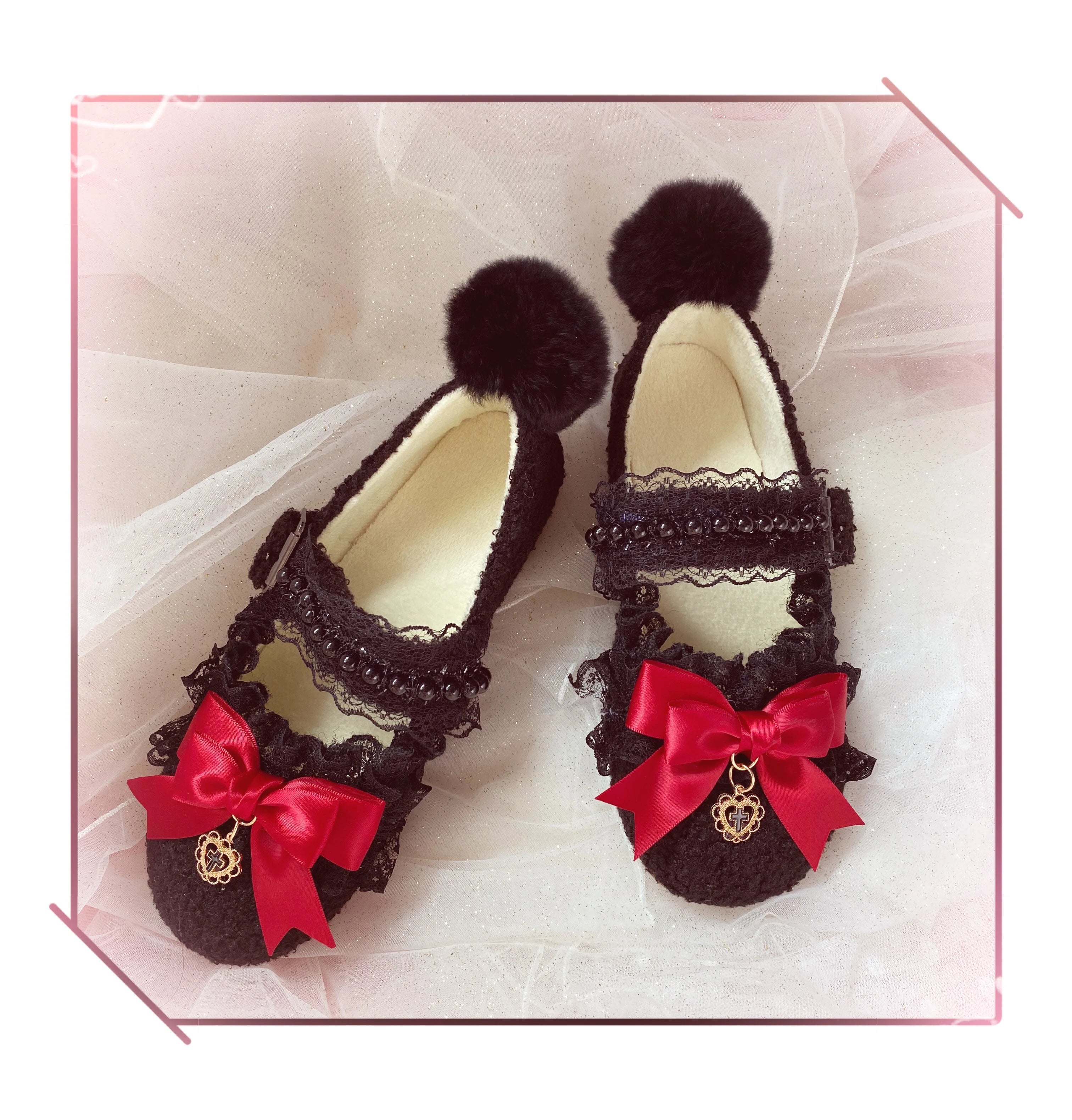 Sohiwoo Black Soft Girl Fairy Black Lace Bow Low Heel Flat Black Shoes Low Heel Flats  sweet lolita shoes tea party kawaii princess