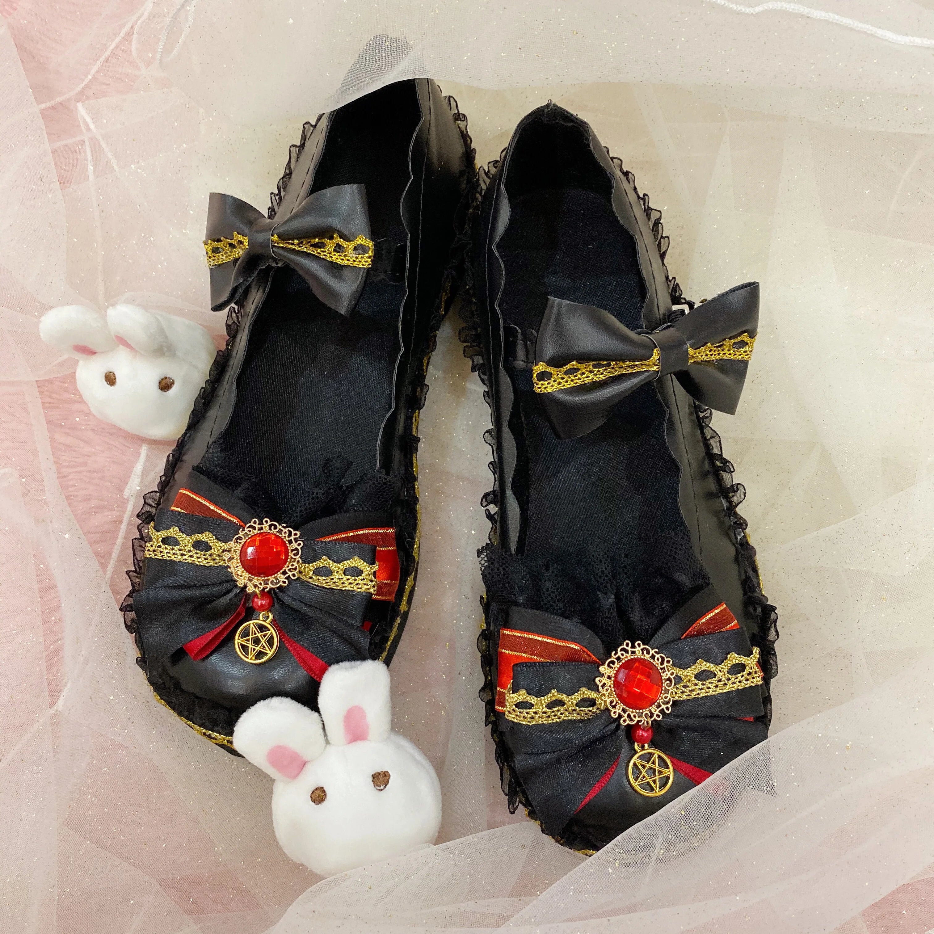 Sohiwoo Black Sweet Soft Girl Fairy Lace Bow Small Shoes Low Heel Flats  sweet lolita shoes tea party kawaii princess kawaii cos loli