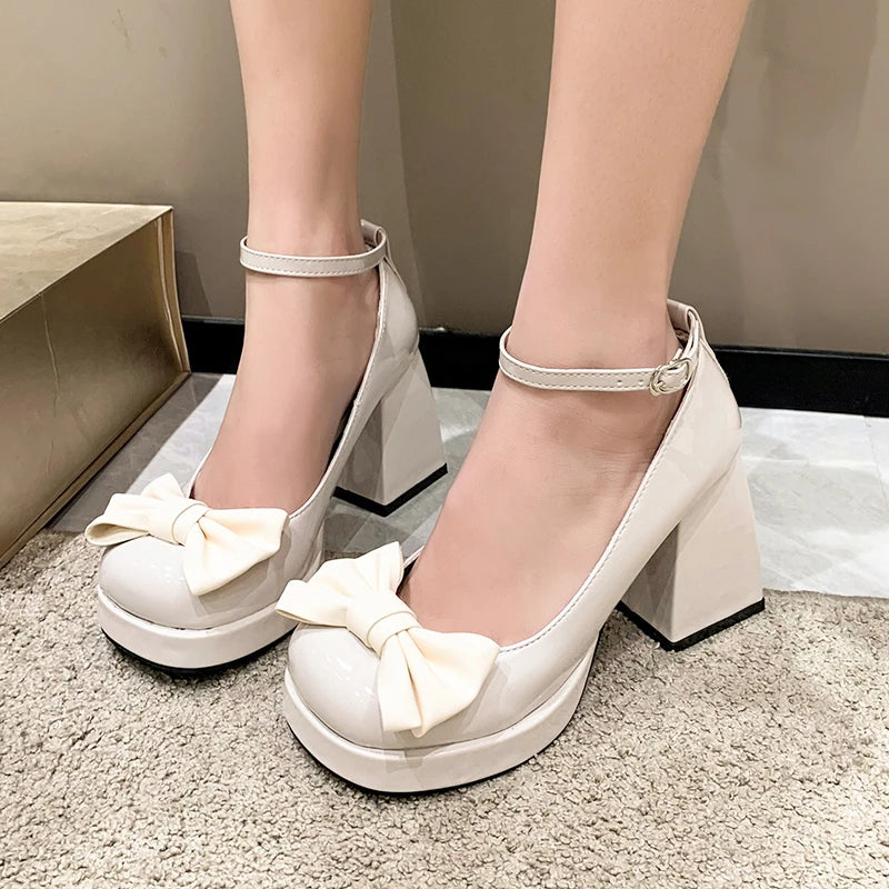 Sohiwoo Bowtie Ankle Strap Pumps for Women Balck White High Heel Platform Mary Janes Woman Square Heel Patent Leather Party Shoes