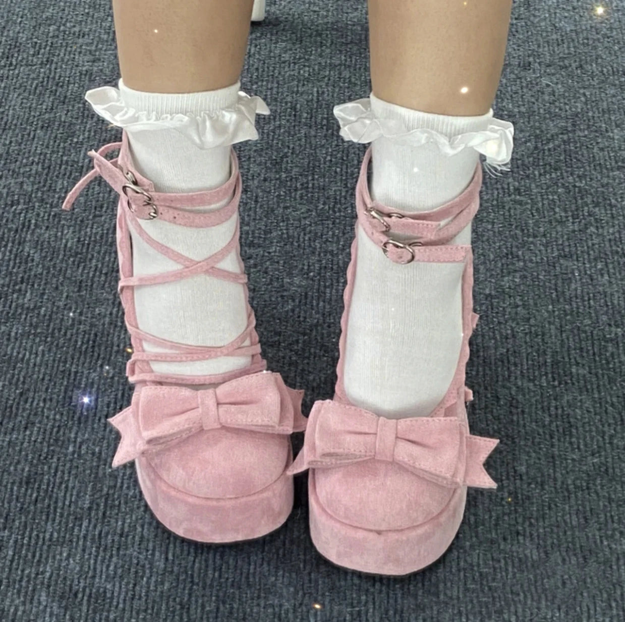 Sohiwoo Fairy Style Fashion Solid Color Round Toe Chunky Heel Mary Jane Shoes Spring Autumn Sweet Cute Lolita Bow Bandage Women's Shoes