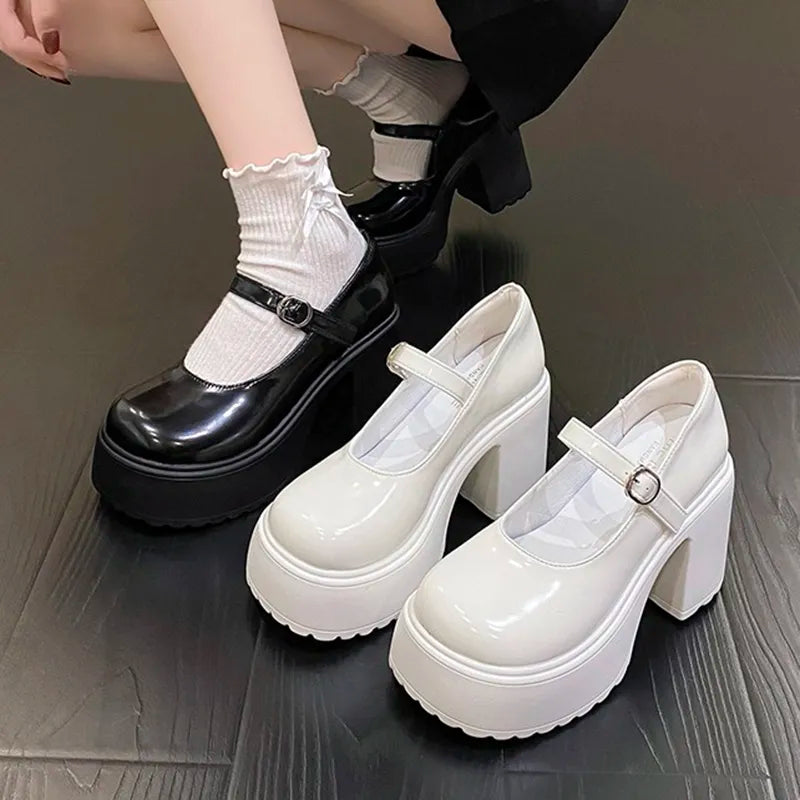 Sohiwoo High Heels Platform Chunky Pumps Women Pu Leather Ankle Buckle Mary Jane Shoes Woman Thick Heeled Goth Lolita Shoes Female