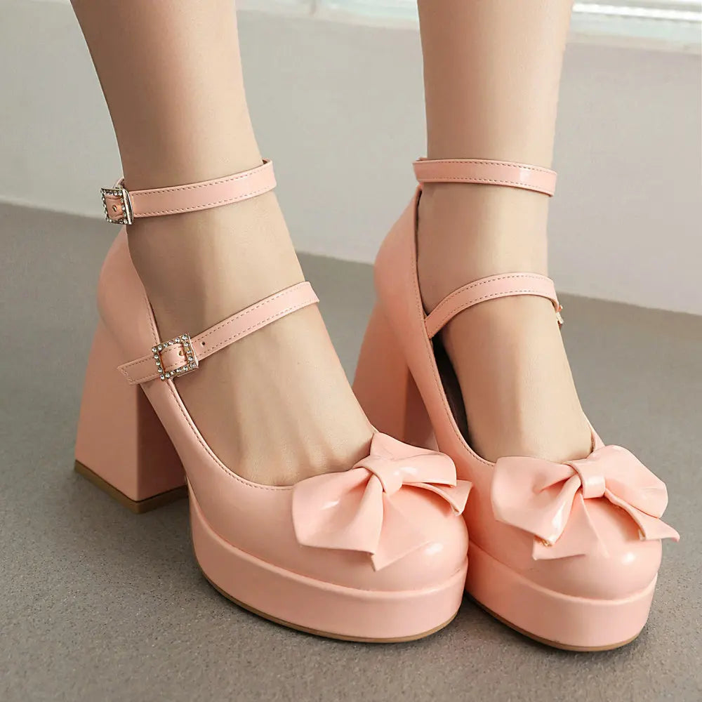 Sohiwoo Japanese Lolita Shoes Chunky High Heel Thick Platform Queen Mary Jane Pumps with Sweet Bow Buckle Strap Pink Black White