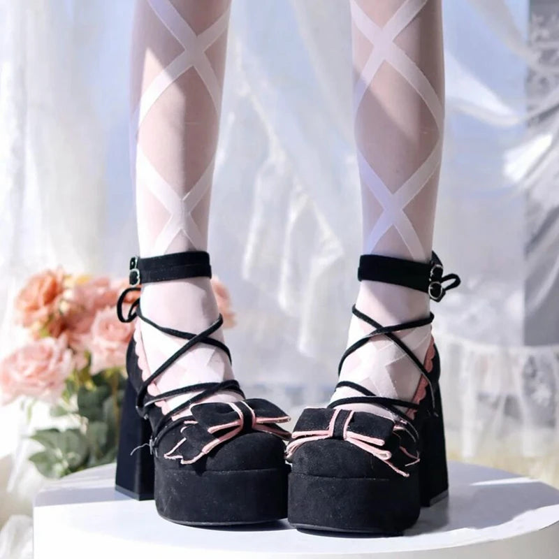 Sohiwoo NEW Classic Velvet Lace Up Lolita Young Girl Pumps Mary Jane Shoes Women Bowtie Thick Heel Elegant Valentine Shoes