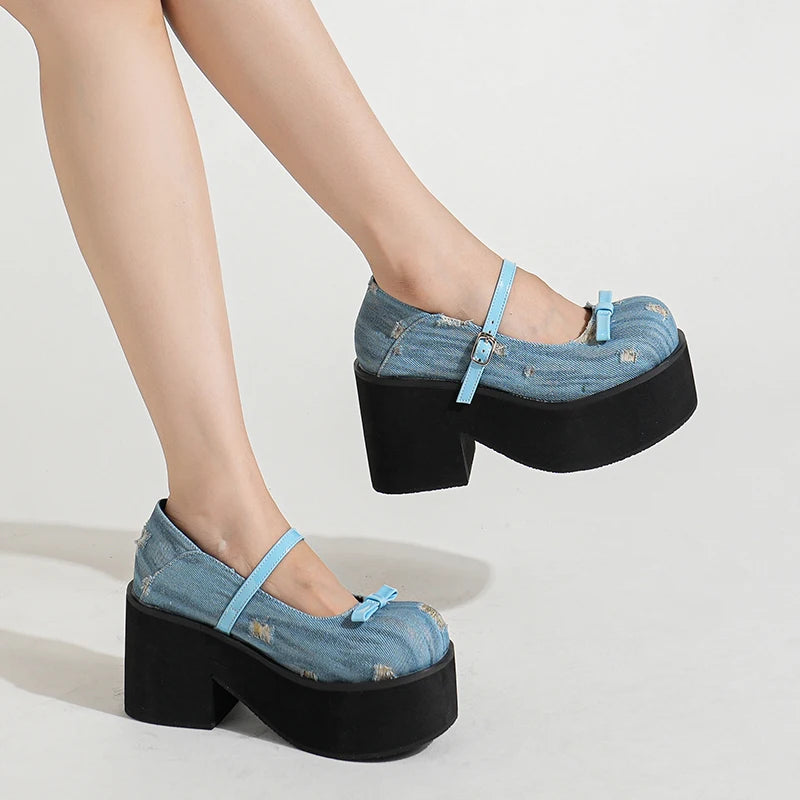 Sohiwoo New Round Toe Denim Blue Thick-soled High Heels Shoes All-match Non-Slip Mary Jane Shoes Platform High Heels Thick Bottom Shoes