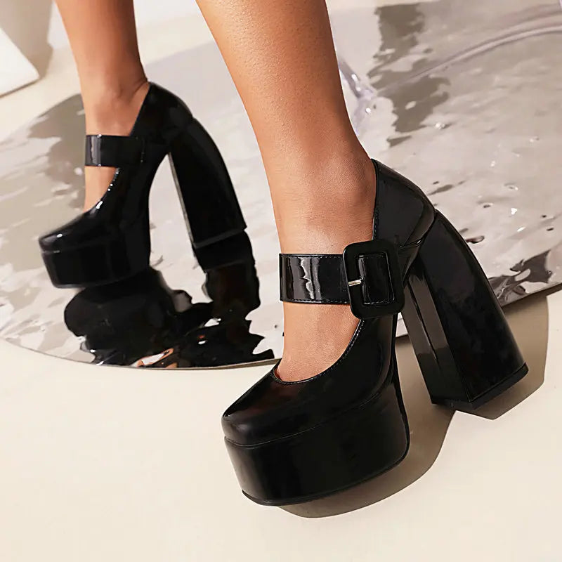 Sohiwoo New Women Pumps Heels Autumn Platform Shoes Chunky Patent Leather Wide Buckle Strap Solid Red Black White Mary Janes