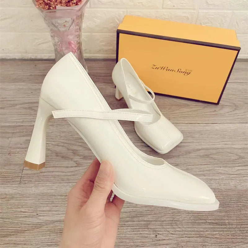 Sohiwoo Pink High Heels Women's  Spring New One-word Belt Retro Girl Mary Jane Shoes French Stiletto Heels Square Toe Shoes