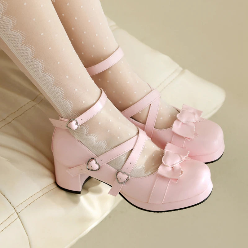 Sohiwoo Plus Size 34-48 Women Lolita Cosplay Shoes Girls Sweet Bows Heart-Shaped Buckle Platform Cross Strap Block Heel Mary Jane Pumps